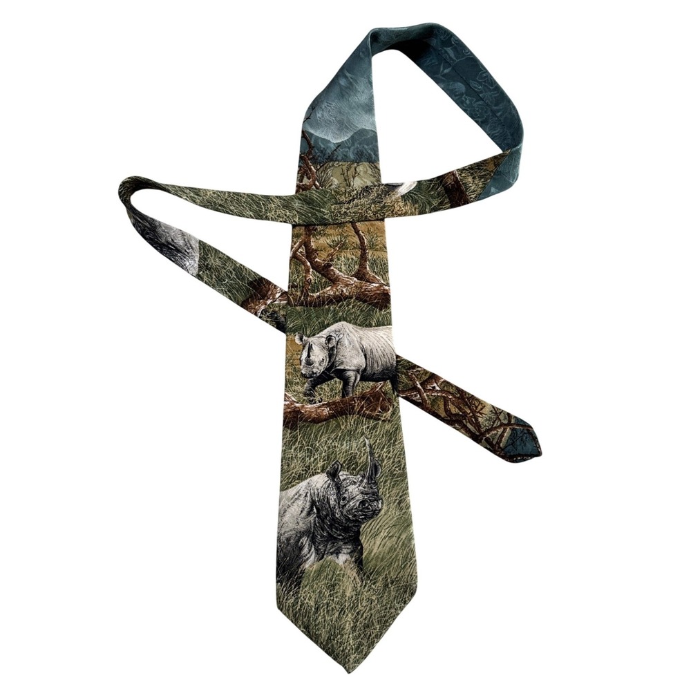 Vintage Simon Combes Black Rhinos Endangered‎ Species Silk Necktie 1995